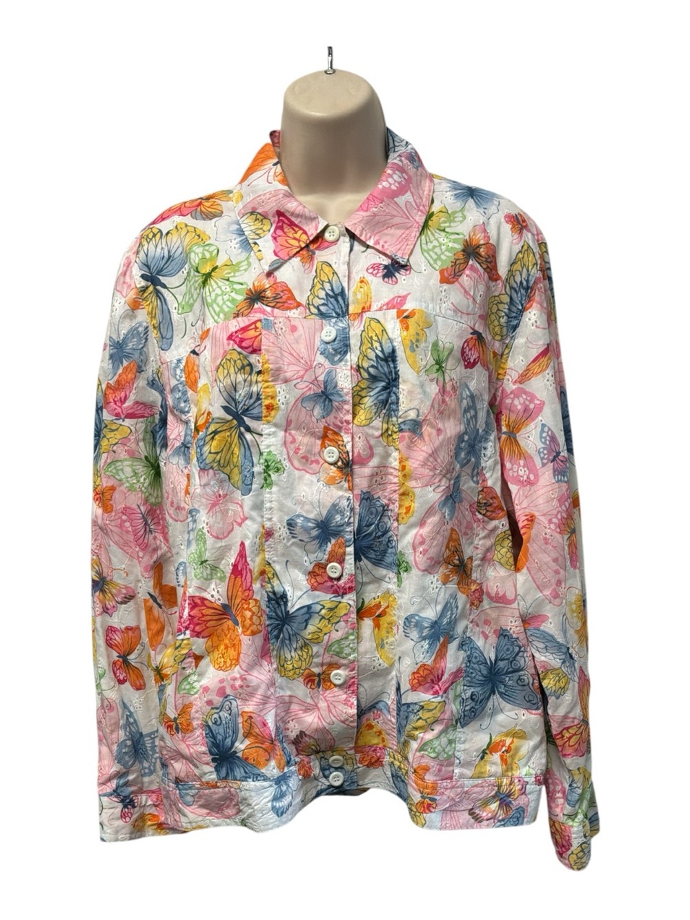 Vintage Alfred Dunner Womens Size 14 Butterfly Print Eyelet Jacket Pockets Lined